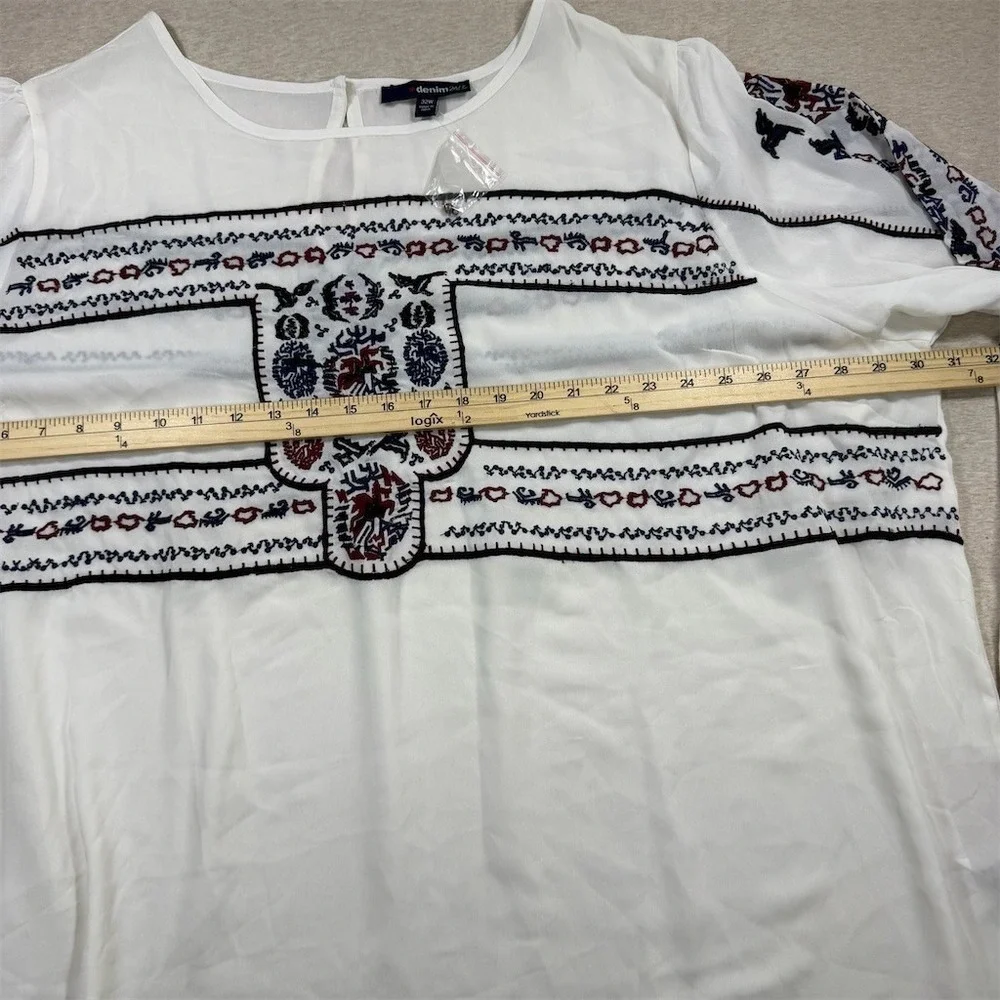 Denim 24/7 Blouse Womens Plus‎ Size 32 White Boho Peasant Tunic Embroidered